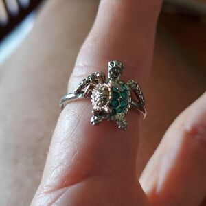 Mother/Baby 925 Silver Turtle Ring with Blue Accents